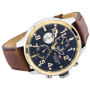 Left side perspective of the Tommy Hilfiger 1791137 blue dial and brown leather strap