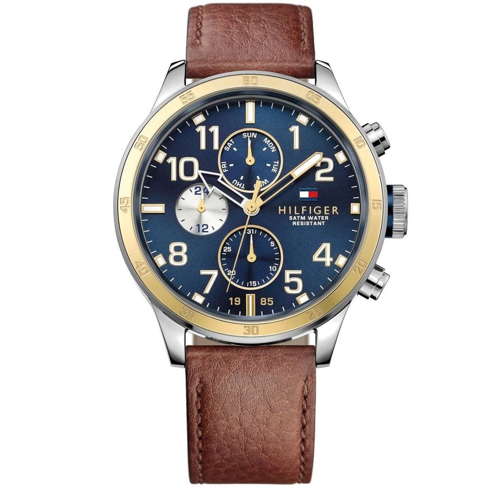 Tommy Hilfiger Trent 1791137 men's watch with two-tone case blue dial and brown leather strap