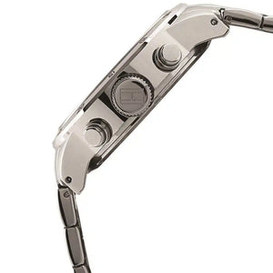 Left side perspective of the silver stainless steel link bracelet on the Tommy Hilfiger Trent watch