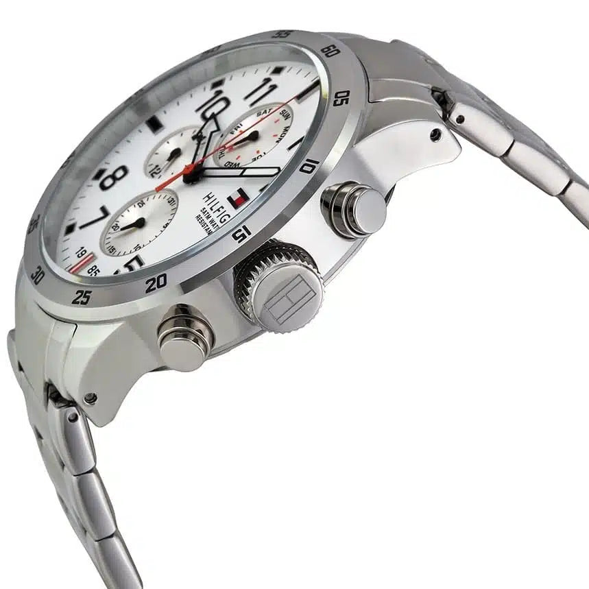 Angled view of Tommy Hilfiger 1791140 highlighting the polished silver case and integrated stainless steel bracelet
