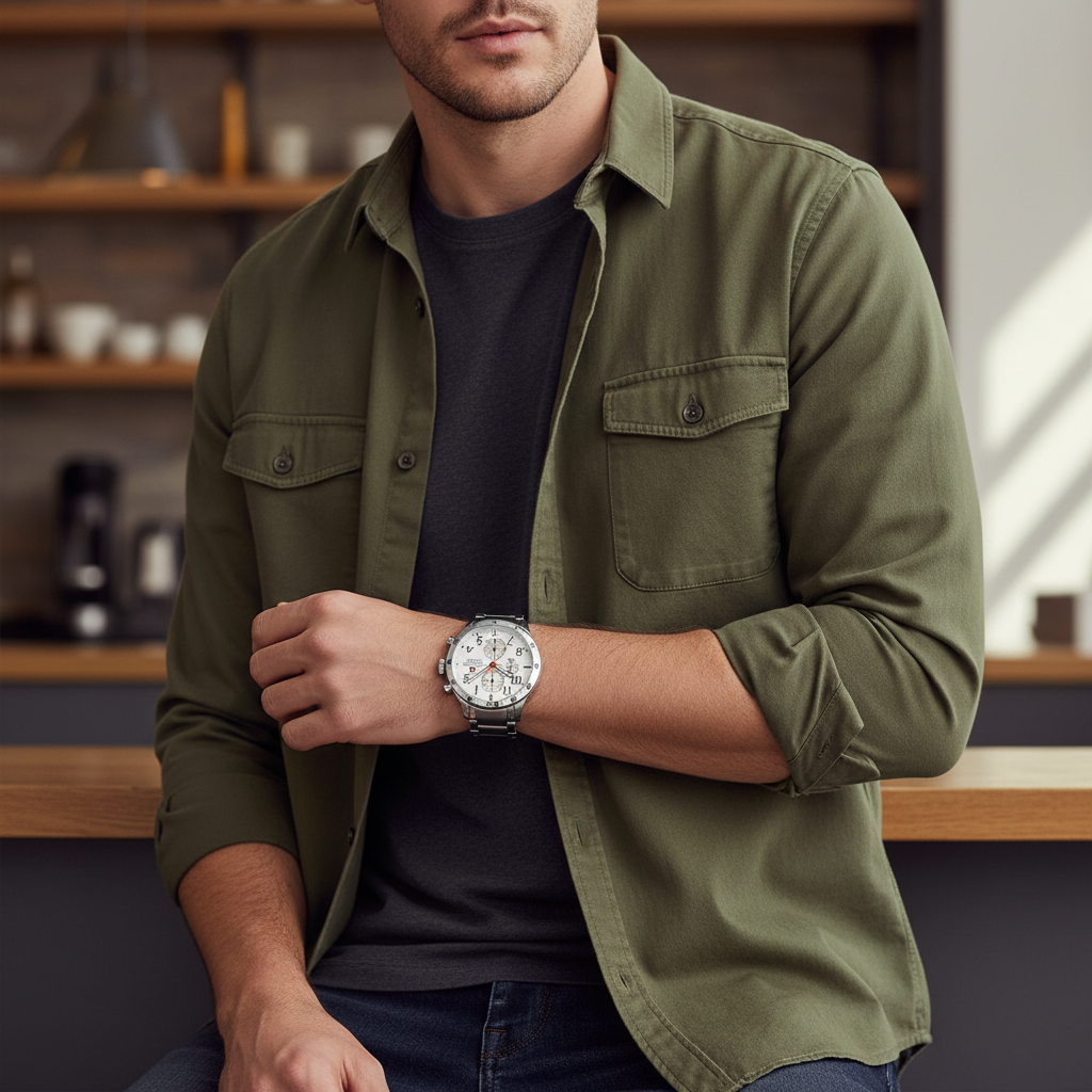 Man wearing Tommy Hilfiger Trent silver metal watch for a sophisticated, classic, and elegant everyday look