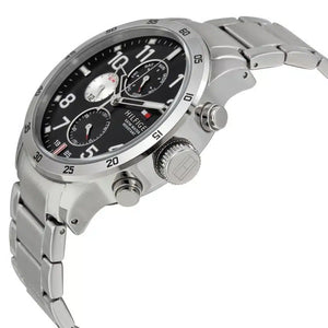 Left side perspective of the Tommy Hilfiger 1791141 black dial and chunky bracelet