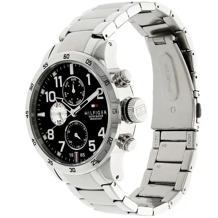 Angled view of the Tommy Hilfiger 1791141 highlighting the thick 14mm silver stainless steel case