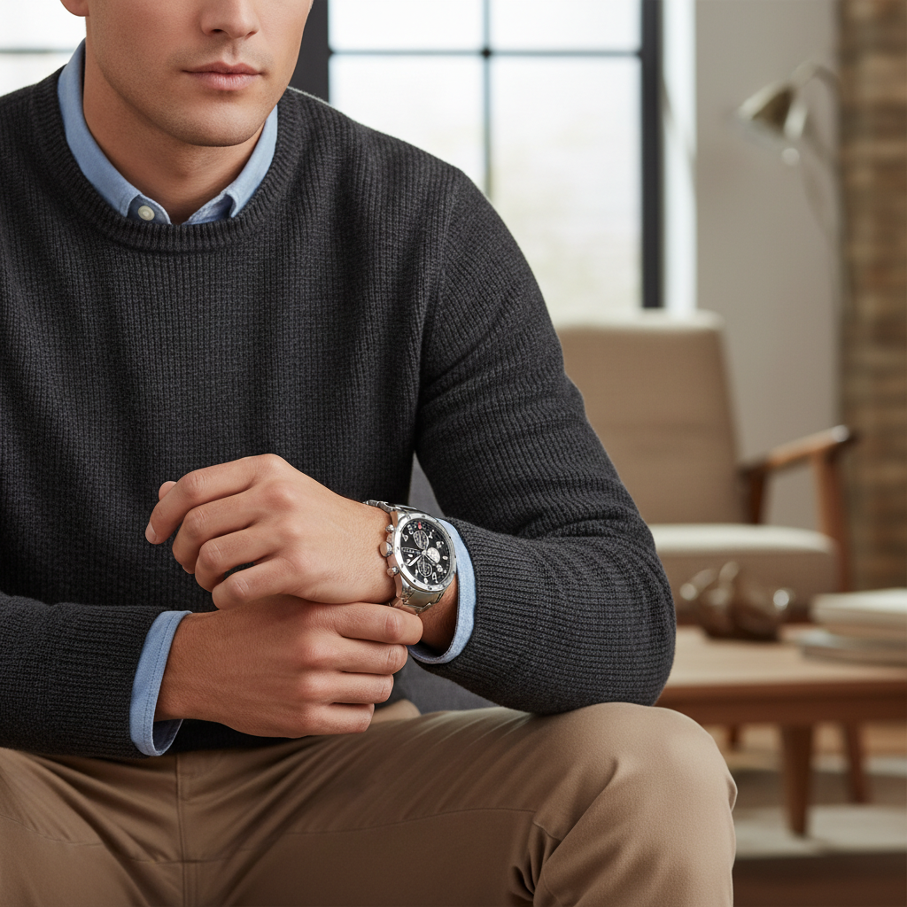 Male model wearing Tommy Hilfiger 1791141 silver watch with a casual sporty outfit
