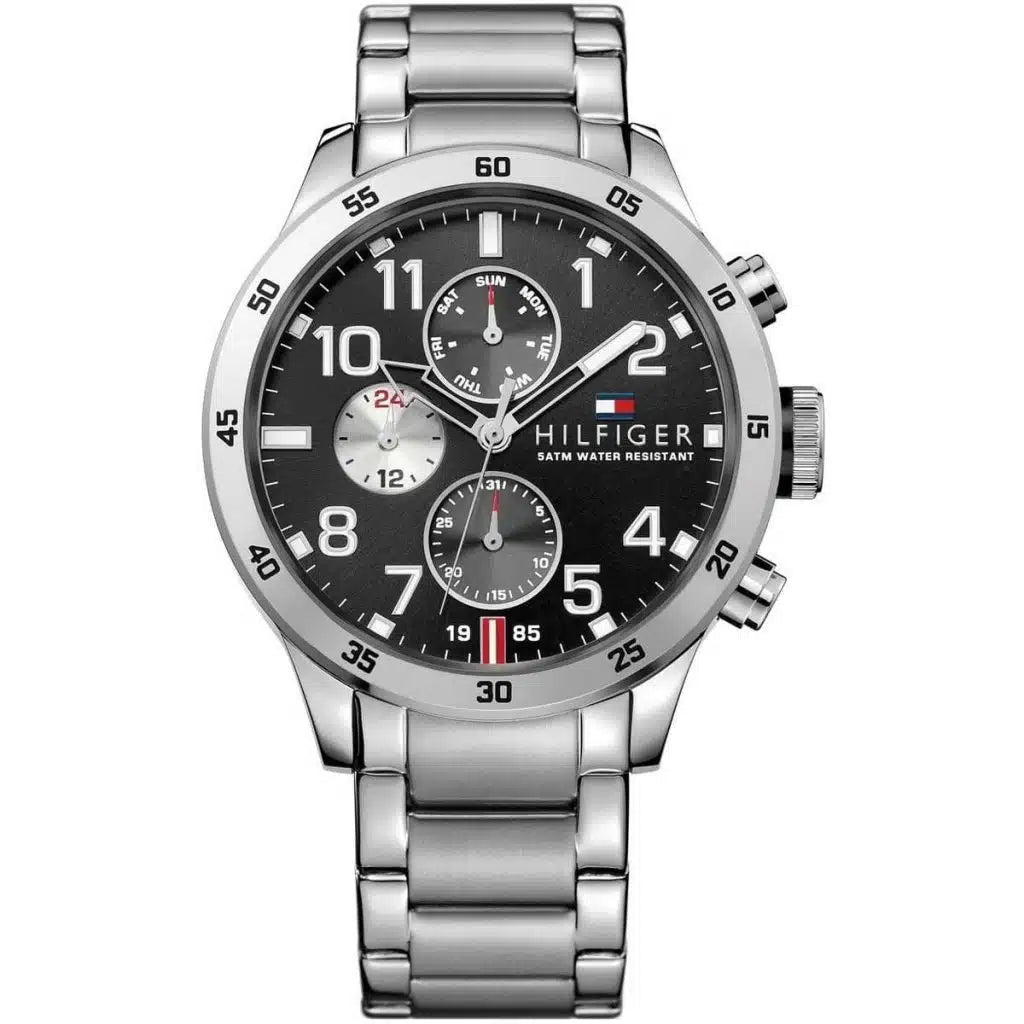 Tommy Hilfiger Trent 1791141 men's watch with heavy silver case black dial and steel bracelet