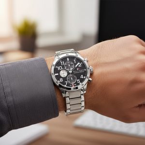Close up shot of Tommy Hilfiger 1791141 watch on wrist showing the large Arabic numerals