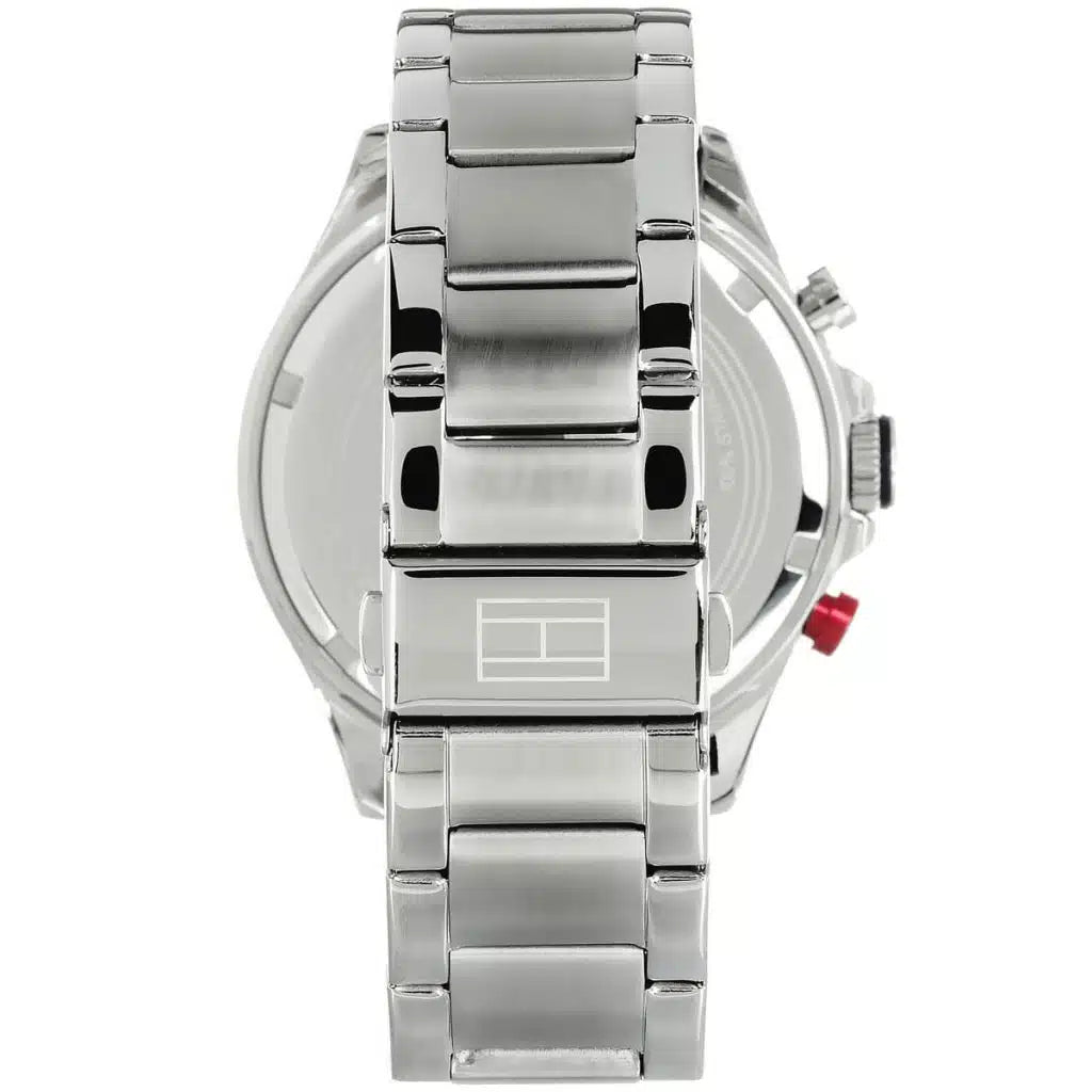 Left side perspective of the Tommy Hilfiger 1791228 blue dial and silver bracelet