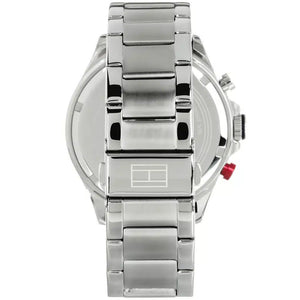 Left side perspective of the Tommy Hilfiger 1791228 blue dial and silver bracelet