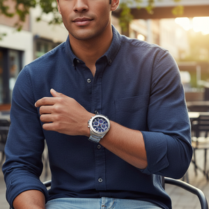 Male model wearing Tommy Hilfiger 1791228 silver watch with a casual outfit
