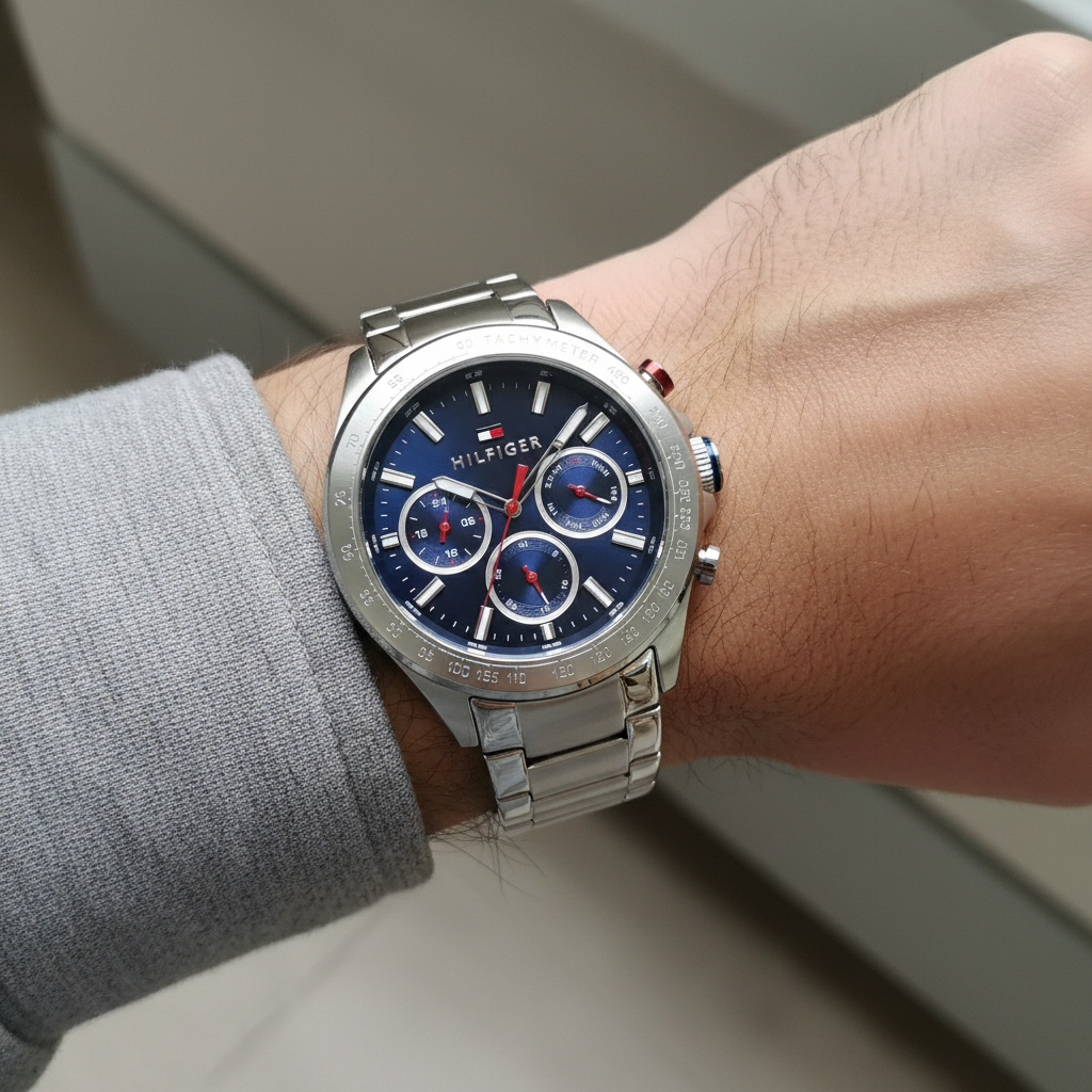 Close up shot of Tommy Hilfiger 1791228 watch on wrist showing the blue tachymeter dial