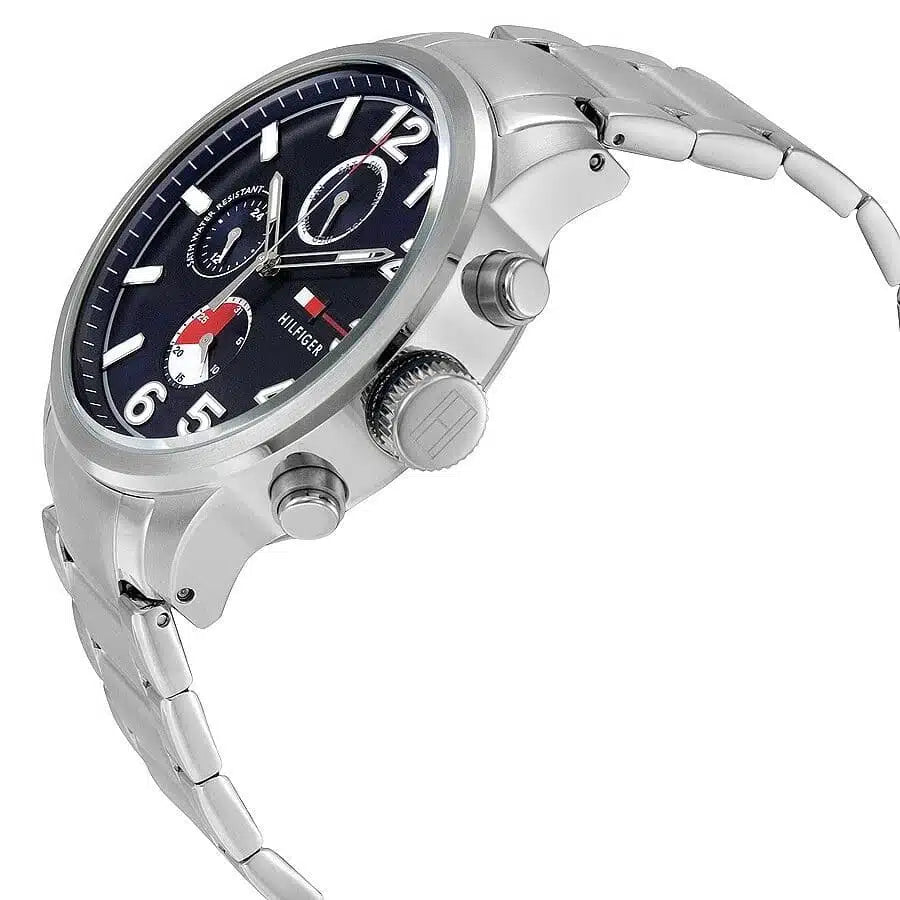 Angled view of the Tommy Hilfiger 1791242 highlighting the polished silver stainless steel case