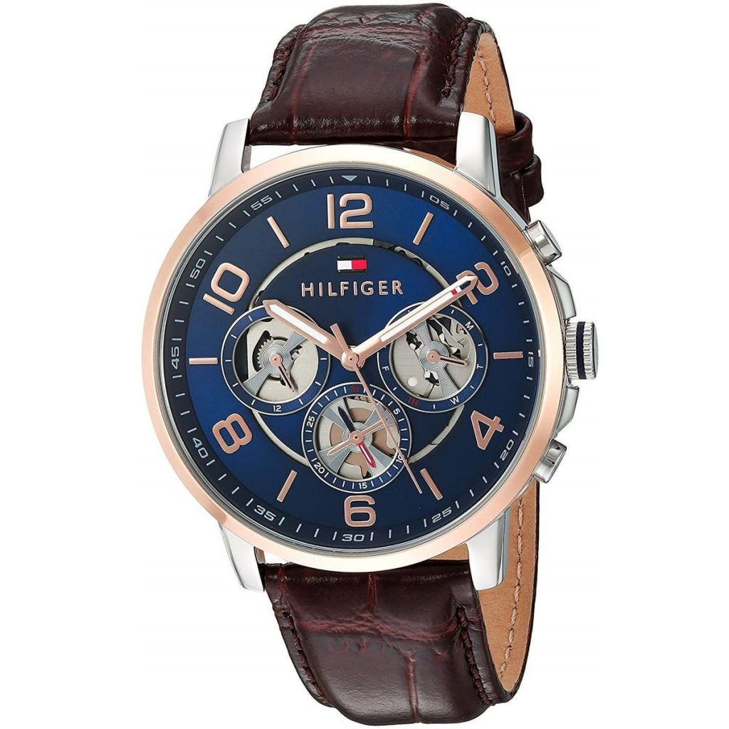 Angled view of the Tommy Hilfiger 1791290 highlighting the rose gold stainless steel case