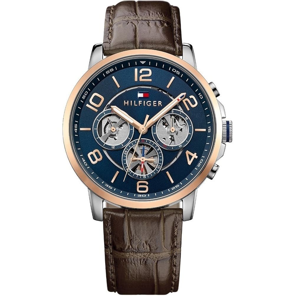 Tommy Hilfiger Keagan 1791290 men's watch with rose gold case blue dial and brown leather strap