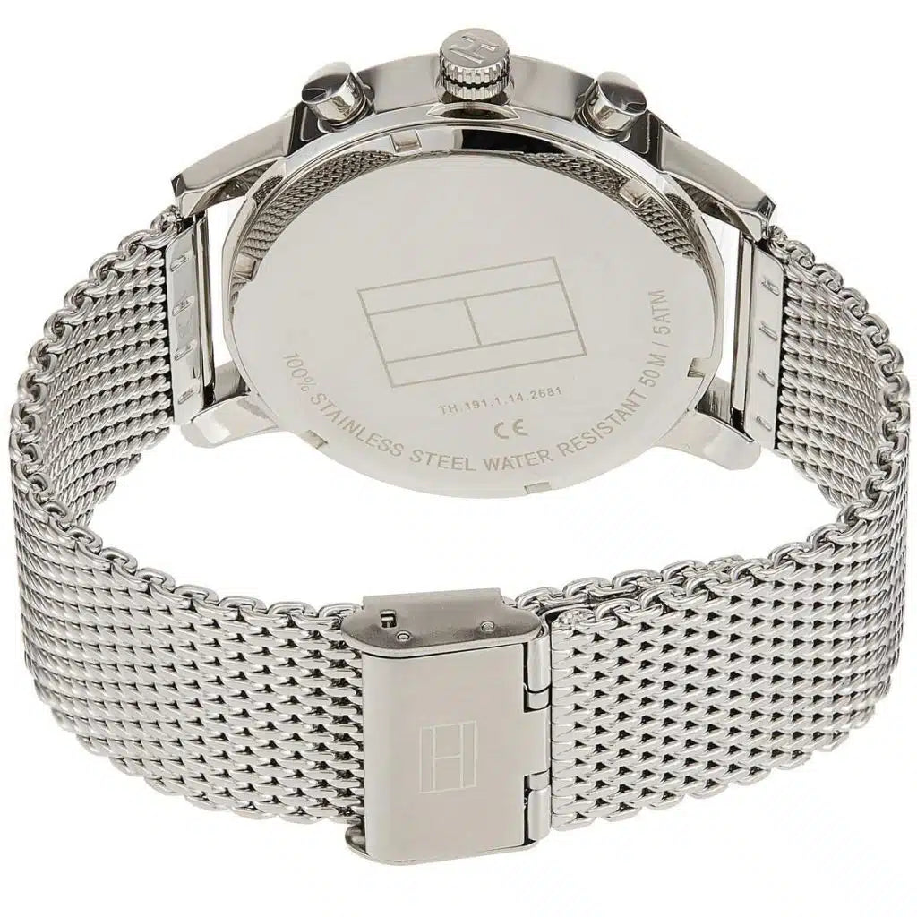 Angled view of the Tommy Hilfiger 1791292 highlighting the polished silver stainless steel case