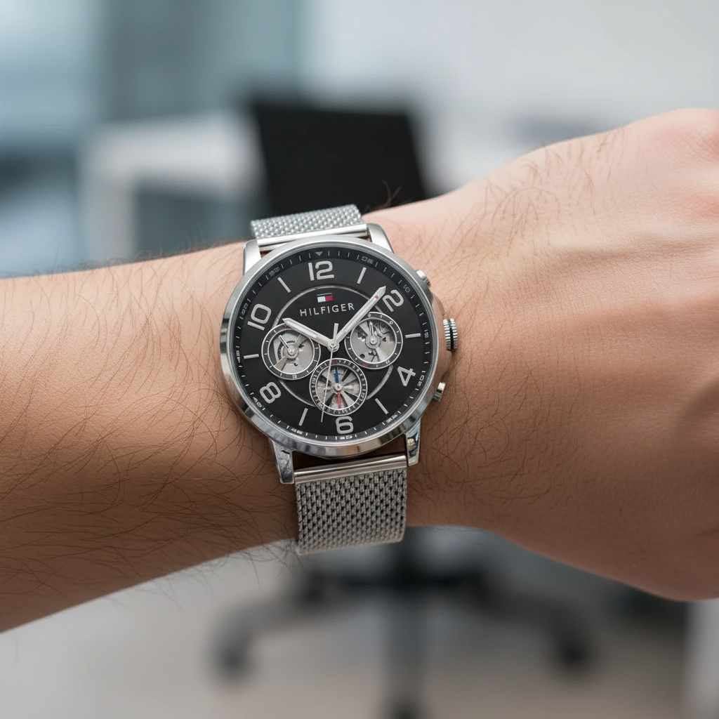 Close up shot of Tommy Hilfiger 1791292 watch on wrist showing the black skeleton dial details