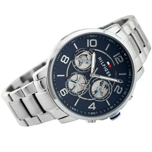 Left side perspective of the Tommy Hilfiger 1791293 blue dial and silver bracelet