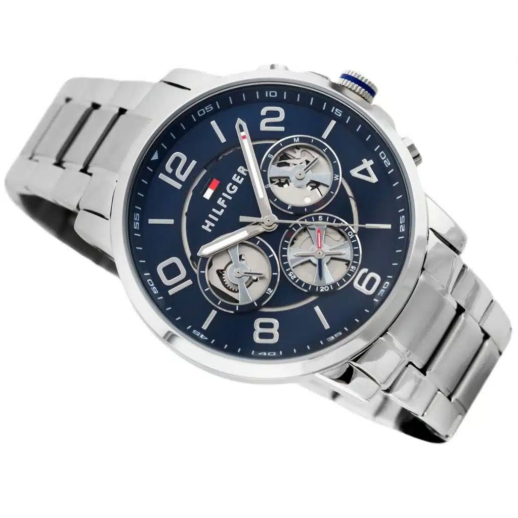 Angled view of the Tommy Hilfiger 1791293 highlighting the polished silver stainless steel case