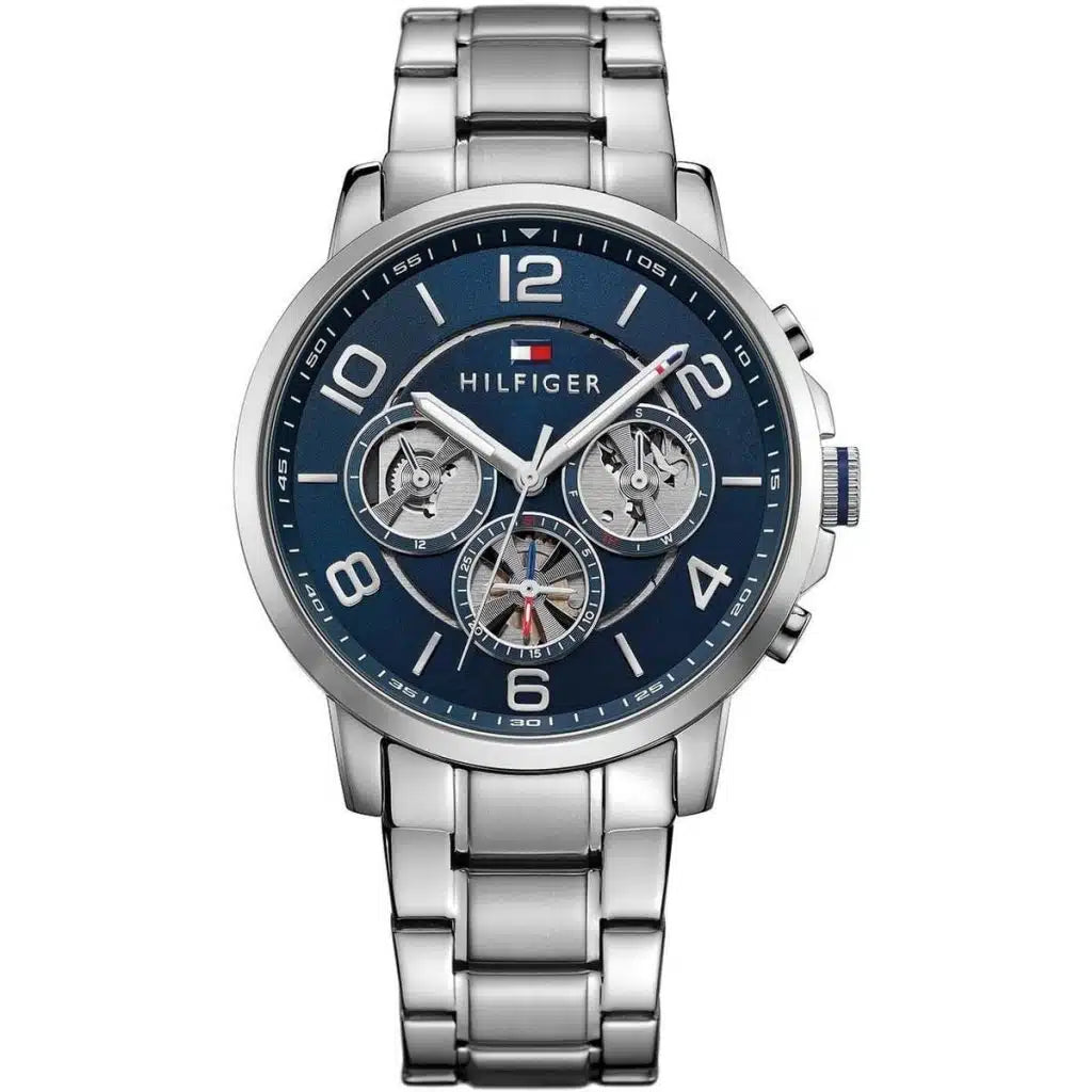 Tommy Hilfiger Keagan 1791293 men's watch with silver case blue dial and exposed gear sub-dials