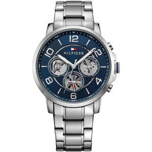 Tommy Hilfiger Keagan 1791293 men's watch with silver case blue dial and exposed gear sub-dials
