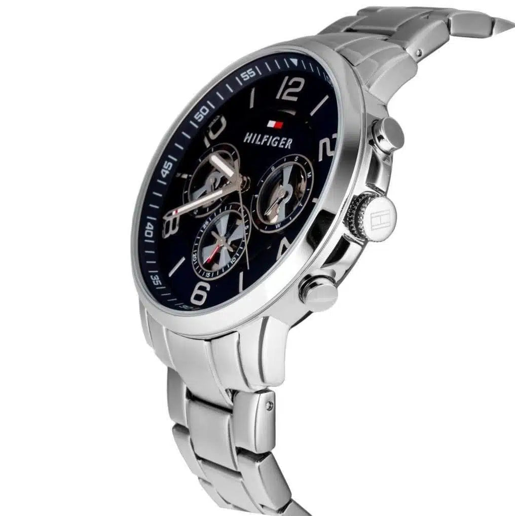 Side profile view of the slim 10mm silver case of the Tommy Hilfiger 1791293
