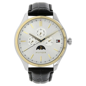 Tommy Hilfiger Oliver 1791305 men's watch with silver case white dial and black leather strap
