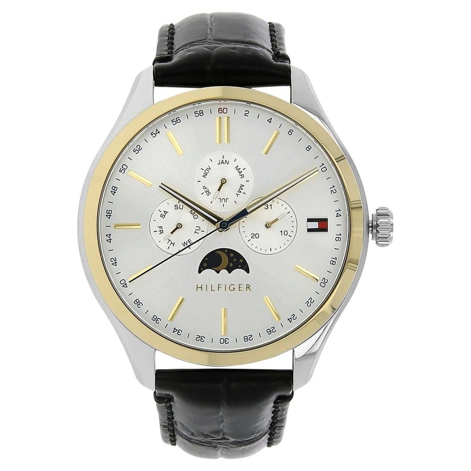 Tommy Hilfiger Oliver 1791305 men's watch with silver case white dial and black leather strap