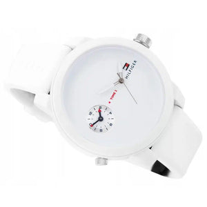 Left side perspective of the white composite case and minimalist dial details of the Tommy Hilfiger watch
