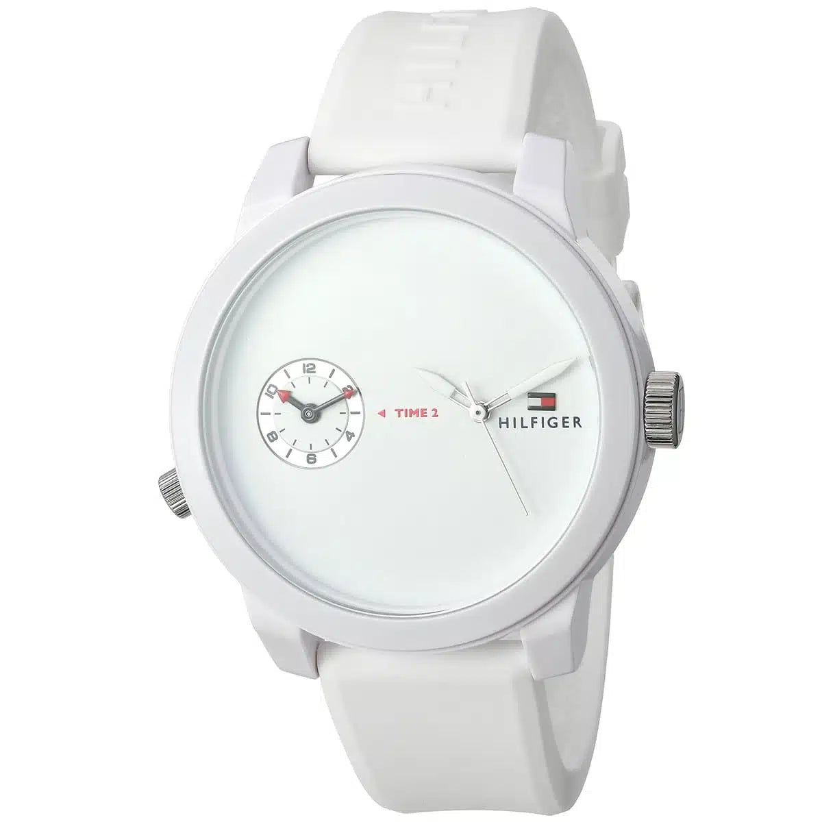 Angled view of Tommy Hilfiger 1791324 highlighting the sleek white case and durable white rubber strap