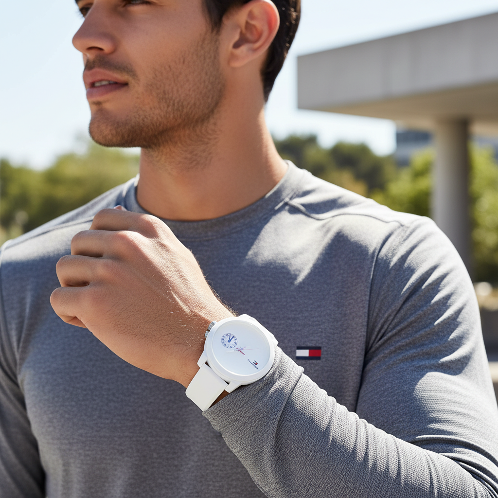 Man wearing Tommy Hilfiger Duo white rubber watch for a sharp, trendy, and minimalist everyday look