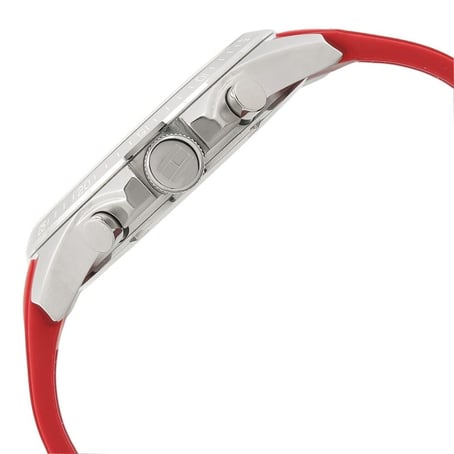 Left side perspective of the Tommy Hilfiger 1791351 black dial and red strap