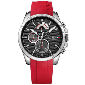 Tommy Hilfiger Decker 1791351 men's watch with silver case black dial and red silicone strap