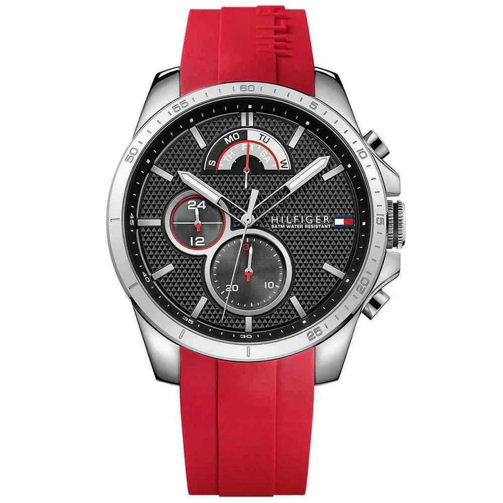 Tommy Hilfiger Decker 1791351 men's watch with silver case black dial and red silicone strap