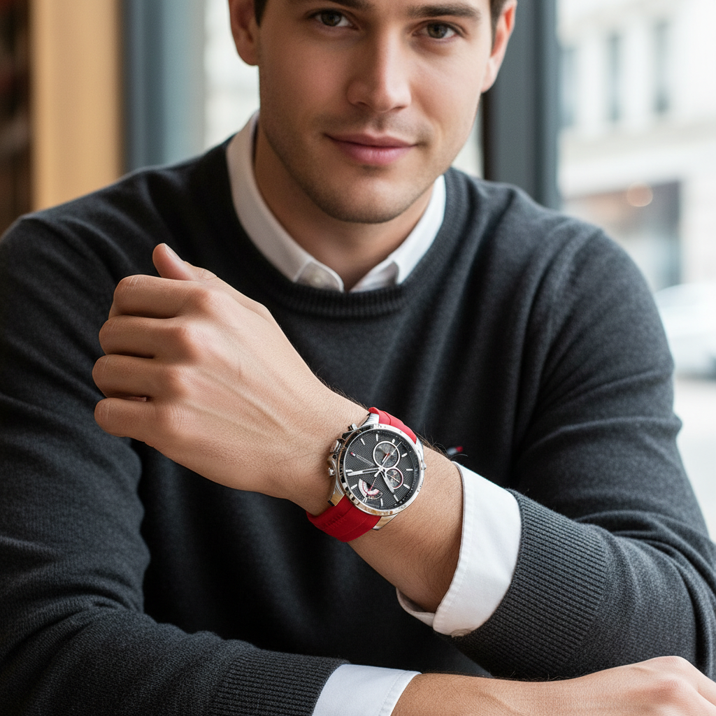 Male model wearing Tommy Hilfiger 1791351 silver watch with a sporty outfit matching the red strap