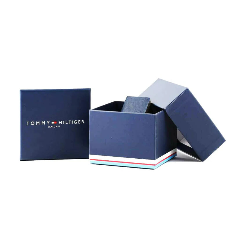 Detailed side view of the gold crown and pushers on the Tommy Hilfiger 1791353
