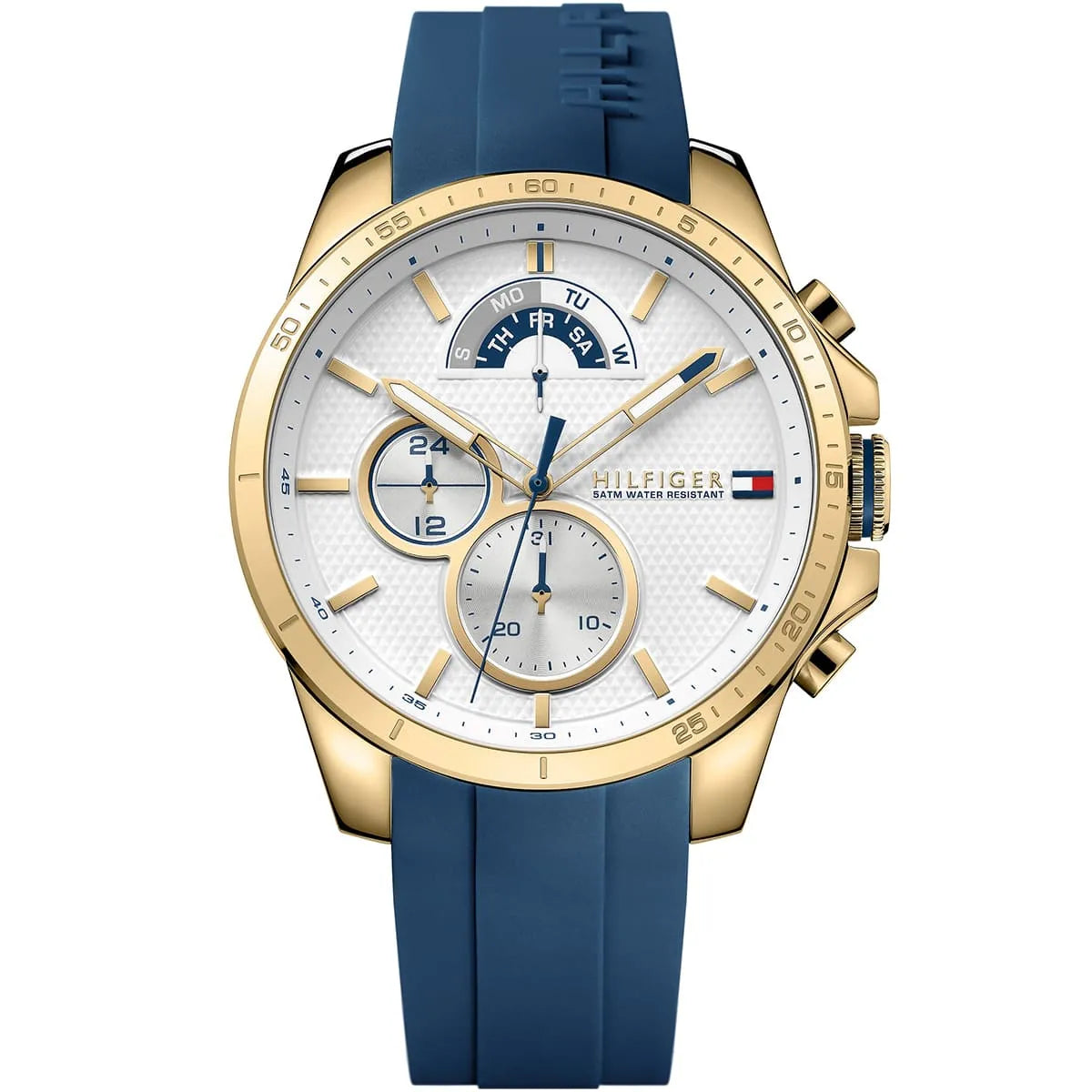 main Tommy Hilfiger Decker 1791353 men's watch with gold case white dial and blue silicone strap