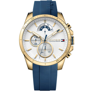 main Tommy Hilfiger Decker 1791353 men's watch with gold case white dial and blue silicone strap
