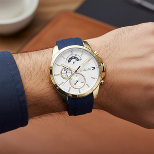 Close up shot of Tommy Hilfiger 1791353 watch on wrist showing the white sporty dial
