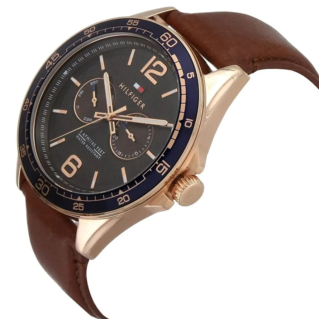 Left side perspective of the Tommy Hilfiger 1791367 brown dial and brown leather strap