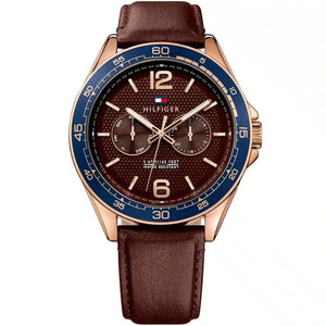 Tommy Hilfiger Erik 1791367 men's watch with rose gold case blue bezel brown dial and leather strap