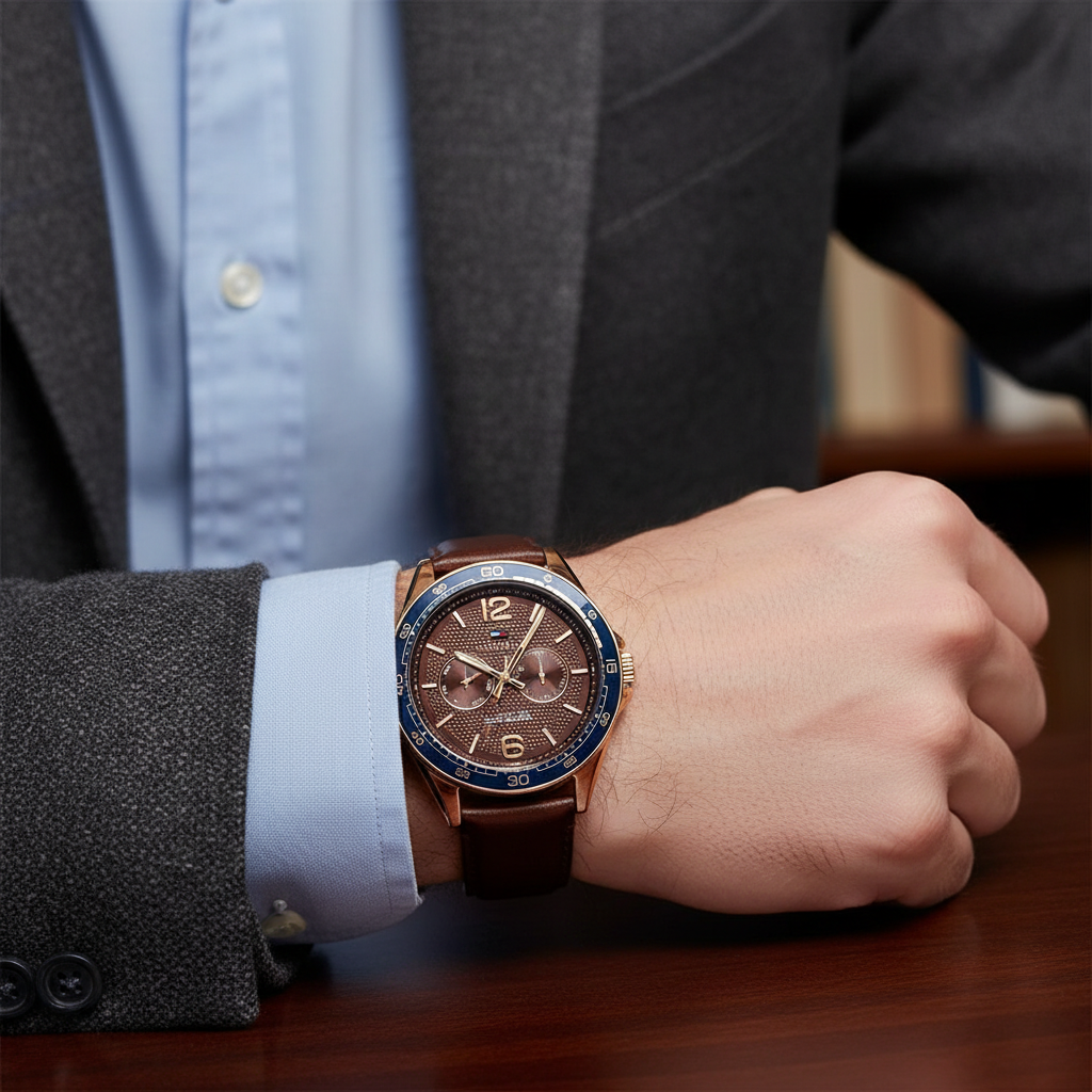 Male model wearing Tommy Hilfiger 1791367 rose gold watch with a smart casual outfit