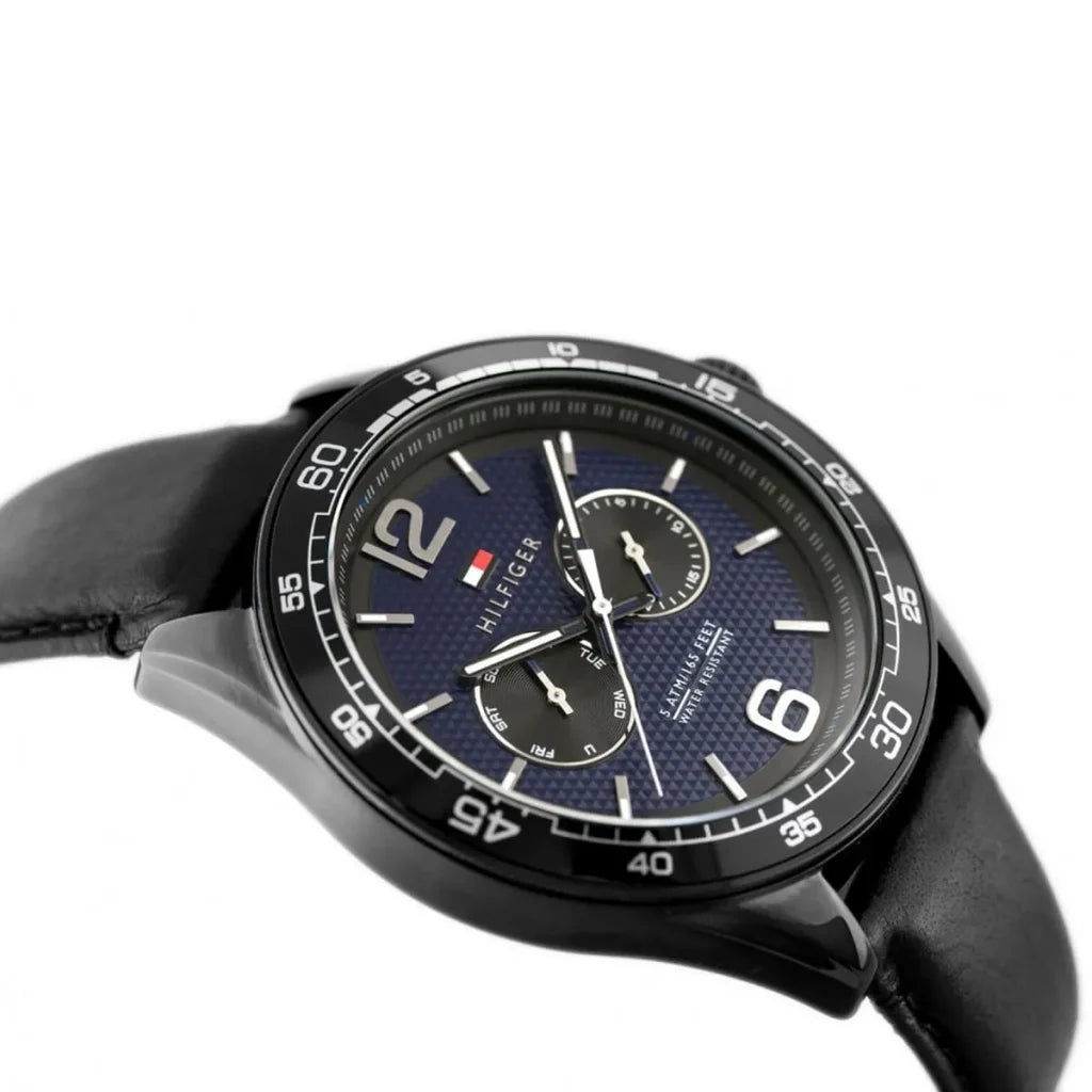 Angled view of the Tommy Hilfiger 1791368 highlighting the black ion-plated case thickness