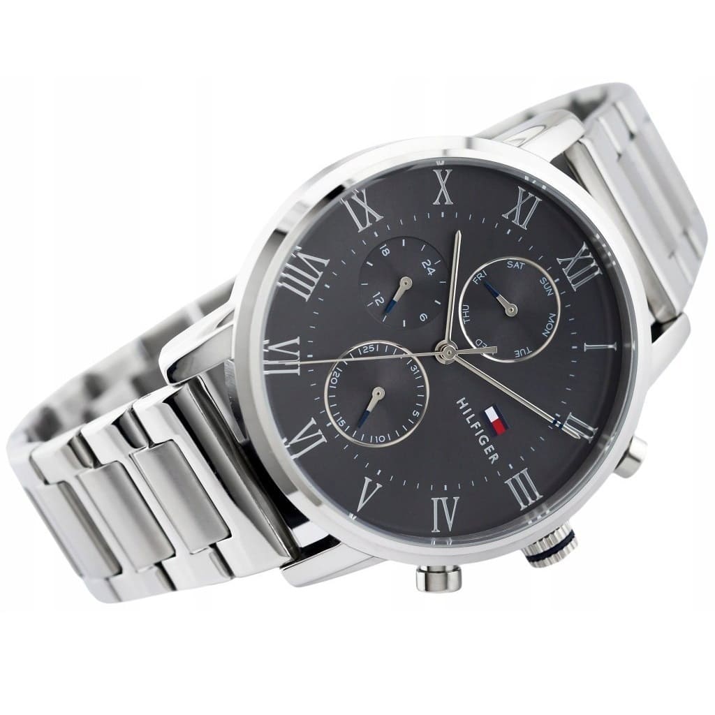 Angled view of the Tommy Hilfiger 1791397 highlighting the polished silver stainless steel case