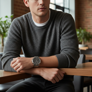 Male model wearing Tommy Hilfiger 1791397 silver watch with a formal business suit