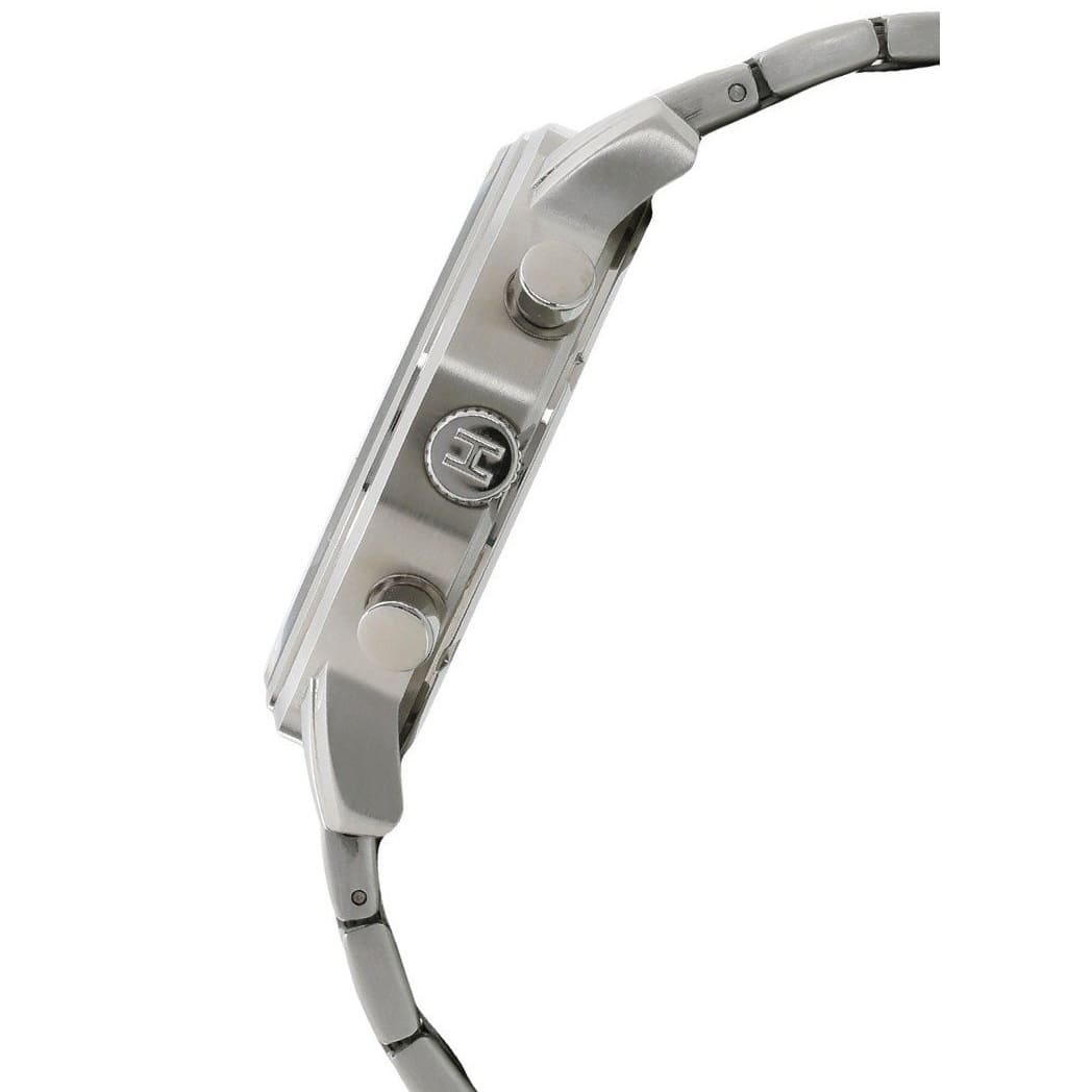 Side profile view of the polished silver case of the Tommy Hilfiger 1791397