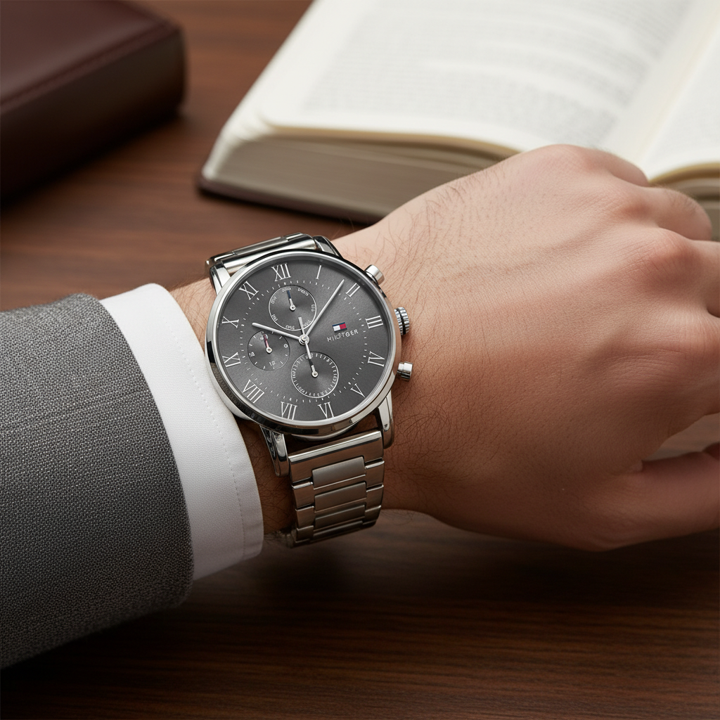Close up shot of Tommy Hilfiger 1791397 watch on wrist showing the elegant roman numerals