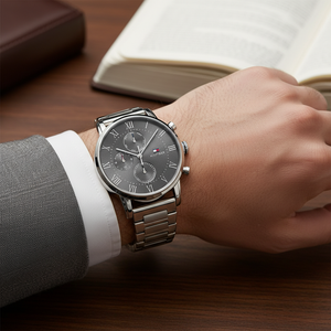 Close up shot of Tommy Hilfiger 1791397 watch on wrist showing the elegant roman numerals