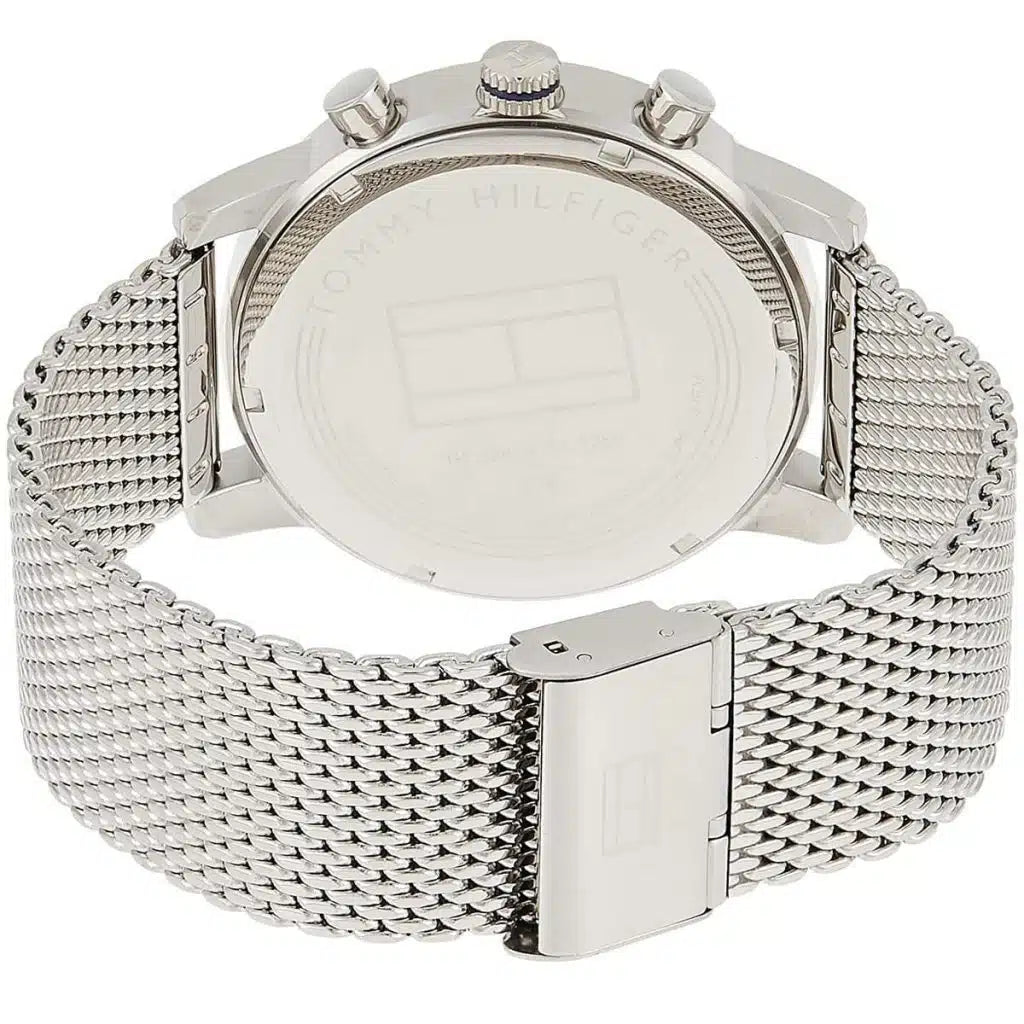 Left side perspective of the silver case and sleek mesh bracelet of the Tommy Hilfiger watch