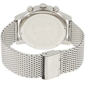 Left side perspective of the silver case and sleek mesh bracelet of the Tommy Hilfiger watch