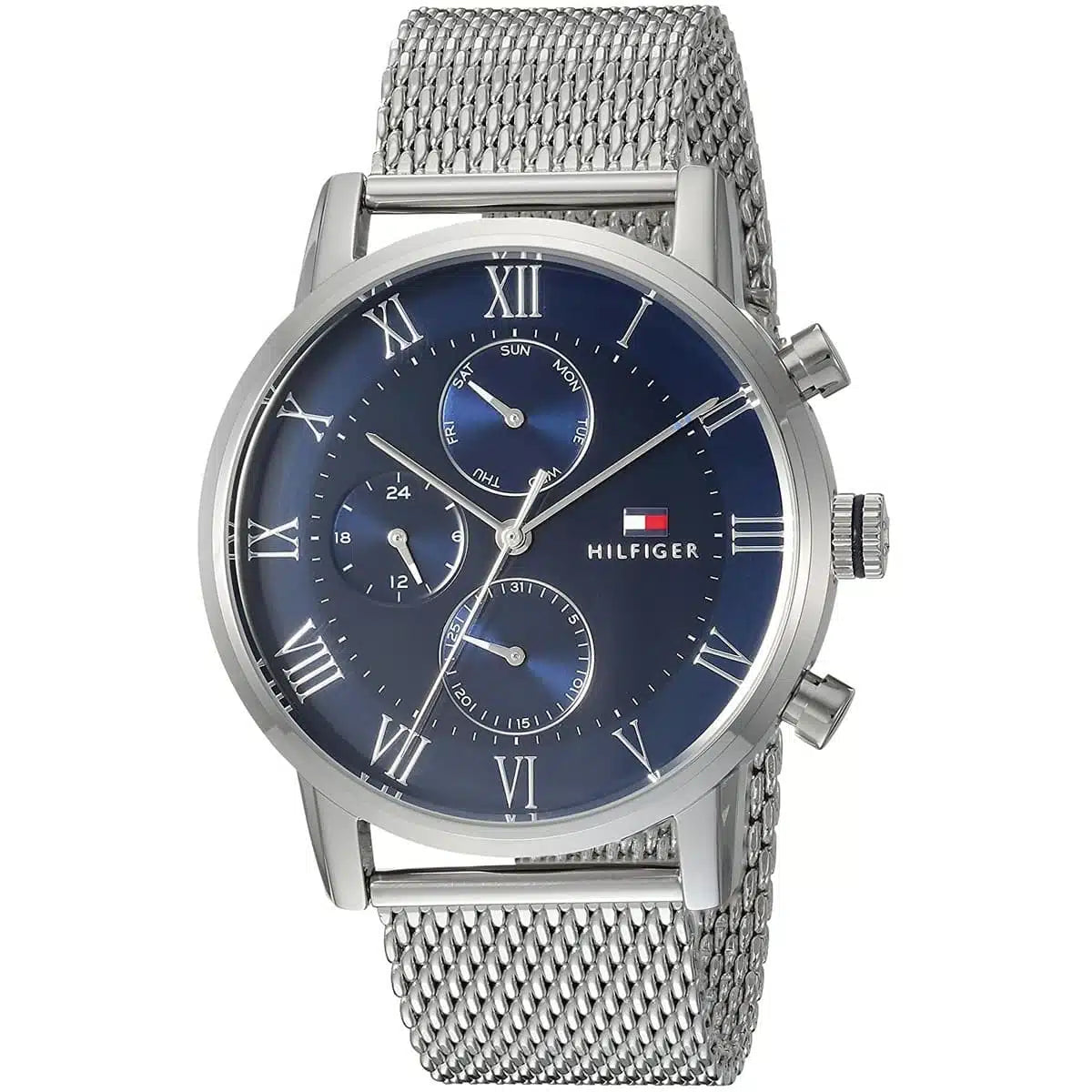 Angled view of Tommy Hilfiger 1791398 highlighting the polished silver case and modern stainless steel mesh strap