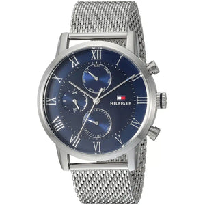 Angled view of Tommy Hilfiger 1791398 highlighting the polished silver case and modern stainless steel mesh strap